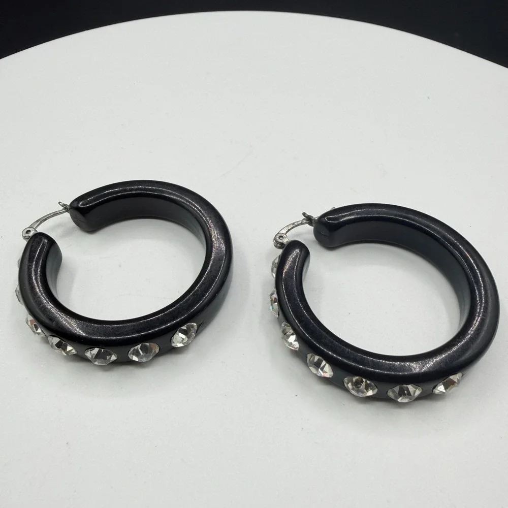 Black Chunky Hoop Earrings Clear Rhinestone Statement Y2K Glam Sparkle Pierced